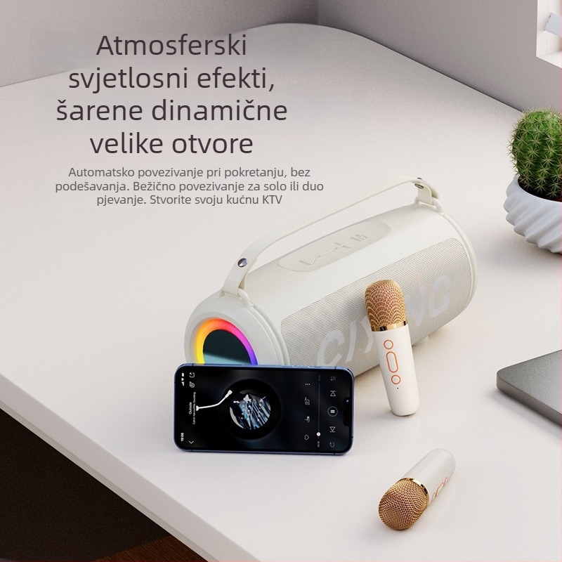 Bežični karaoke mikrofon s ugrađenim mini zvučnikom — Bluetooth 5.0, 2 zvučnika, 10W, frekvencijski raspon 100 Hz-20 kHz, omjer signala i šuma ≥85 dB