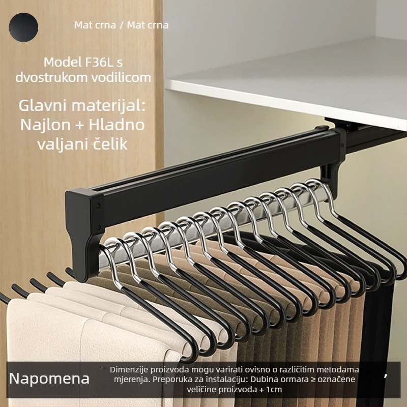 Garderobni izvlačni držač za hlače s teleskopskom šipkom i amortiziranom vodilicom | Materijali: plastika, nehrđajući čelik, aluminijska legura, hladno valjana čelična | Model CLKJ-1