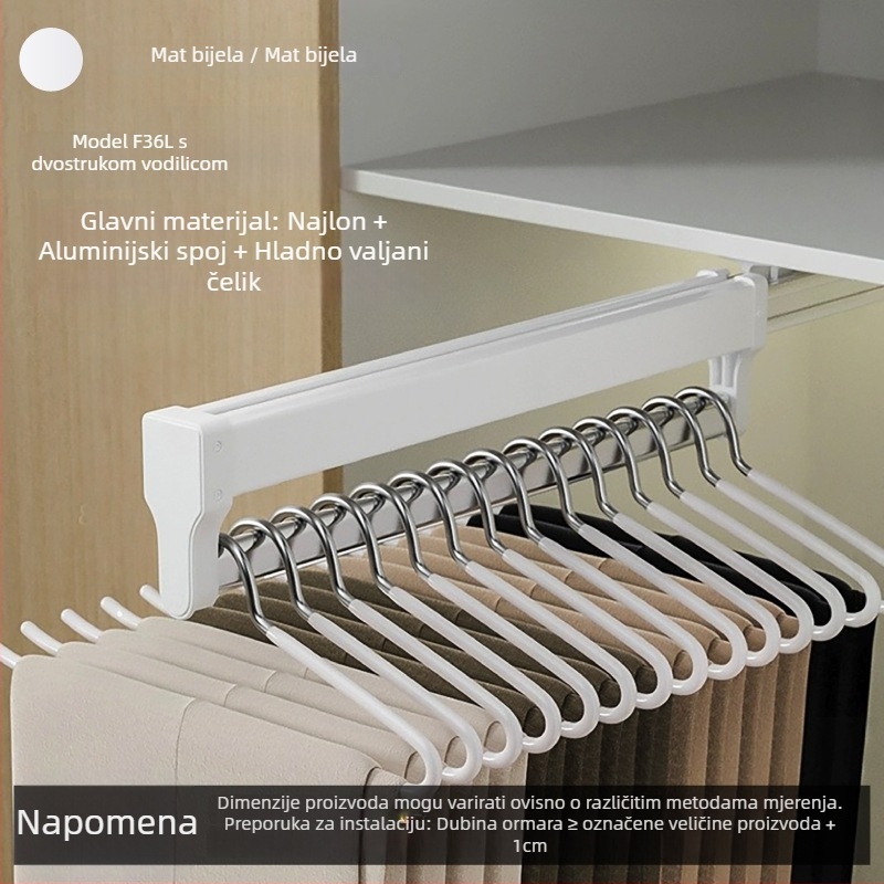 Garderobni izvlačni držač za hlače s teleskopskom šipkom i amortiziranom vodilicom | Materijali: plastika, nehrđajući čelik, aluminijska legura, hladno valjana čelična | Model CLKJ-1