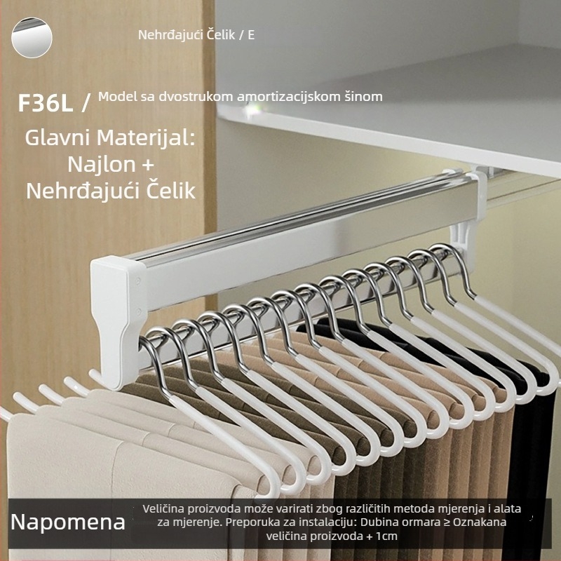 Garderobni izvlačni držač za hlače s teleskopskom šipkom i amortiziranom vodilicom | Materijali: plastika, nehrđajući čelik, aluminijska legura, hladno valjana čelična | Model CLKJ-1