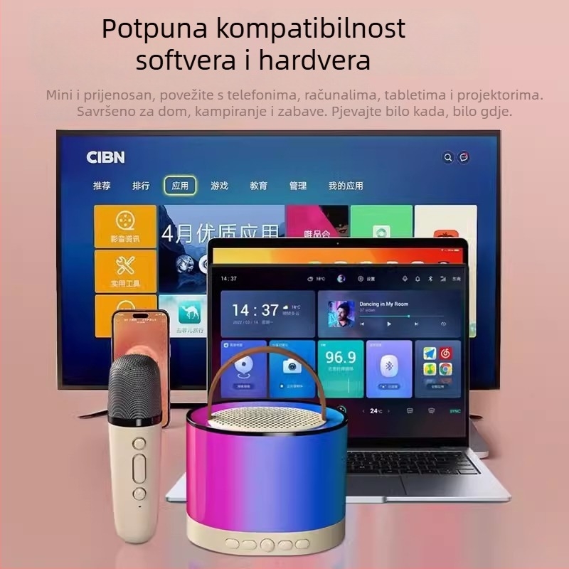 K52 Karaoke Bluetooth zvučnik s ugrađenim dvostrukim mikrofonom — 5W izlaz, Bluetooth 5.0, 100Hz-20kHz, SNR 75dB, prenosiv za kućno i vanjsko karaoke