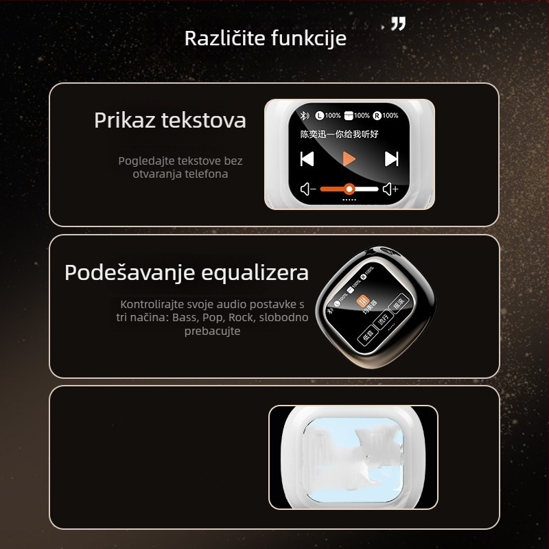 S09 MP3 Bluetooth slušalice s utorom za karticu, in-ear, digitalni zaslon, domet 15 m, BT 5.4, trajanje baterije 4-8 h, IPX4 vodootpornost