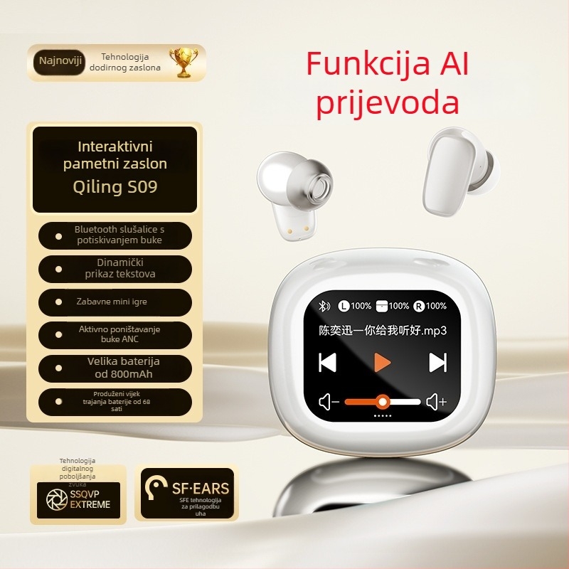 S09 MP3 Bluetooth slušalice s utorom za karticu, in-ear, digitalni zaslon, domet 15 m, BT 5.4, trajanje baterije 4-8 h, IPX4 vodootpornost