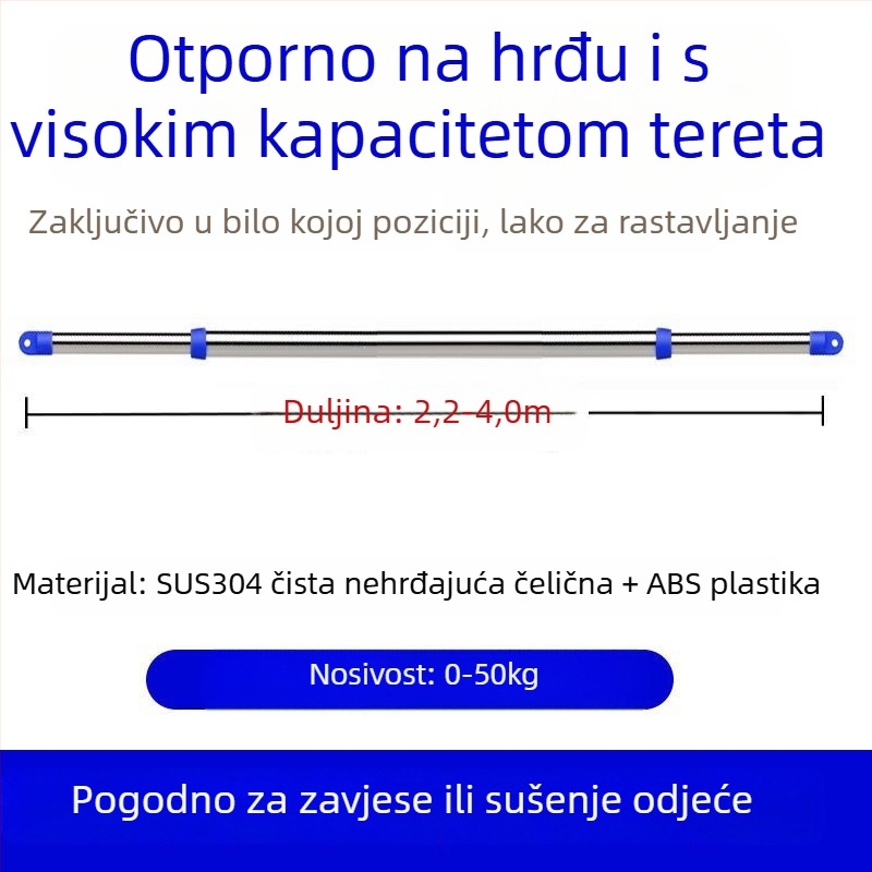 Teleskopska šipka od nehrđajućeg čelika za sušenje rublja na balkon, gornja montaža, bez bušenja