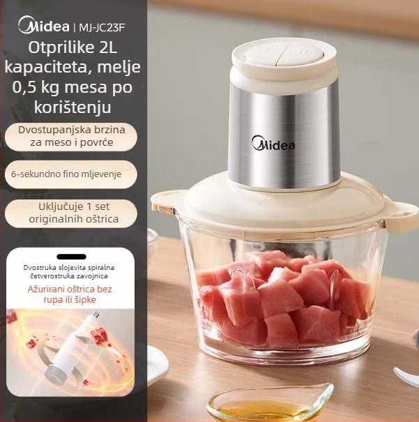 Mlin za meso / kuhinjski mikser Midea — kapacitet 1–3 L, funkcija hrane za bebe, napon ≤36V, brzina motora <10 000 rpm, staklena posuda