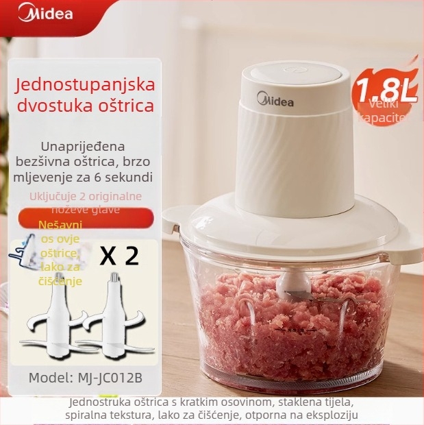 Mlin za meso / kuhinjski mikser Midea — kapacitet 1–3 L, funkcija hrane za bebe, napon ≤36V, brzina motora <10 000 rpm, staklena posuda