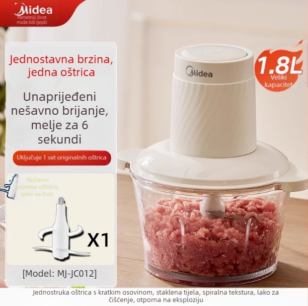 Mlin za meso / kuhinjski mikser Midea — kapacitet 1–3 L, funkcija hrane za bebe, napon ≤36V, brzina motora <10 000 rpm, staklena posuda