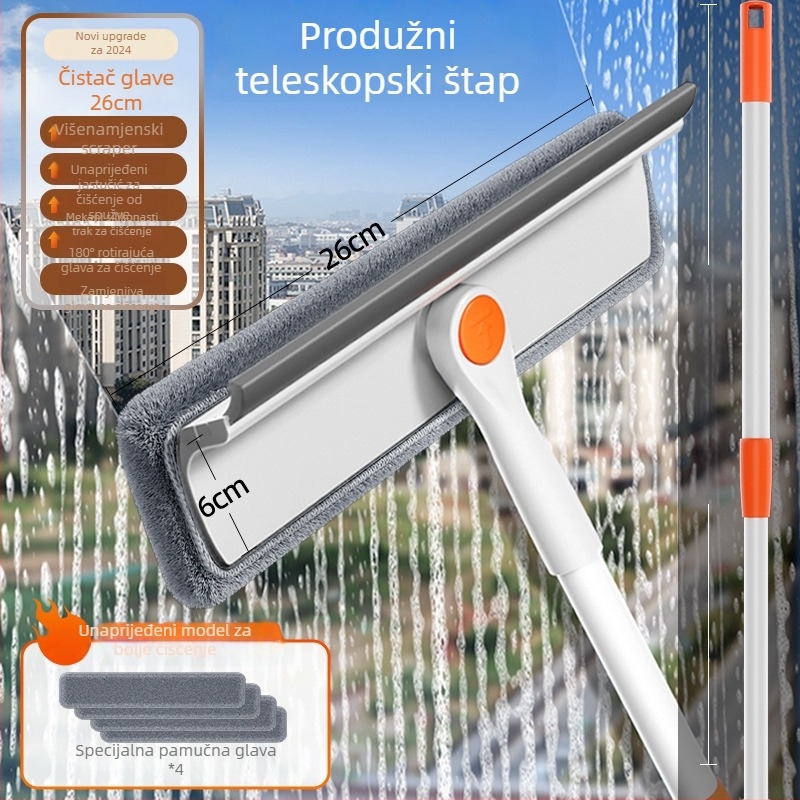 Izvlačni dvostrani alat za čišćenje stakla za vanjske prozore visokih zgrada, plastično kućište, kućna upotreba.