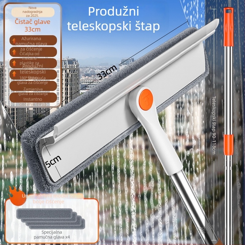 Izvlačni dvostrani alat za čišćenje stakla za vanjske prozore visokih zgrada, plastično kućište, kućna upotreba.