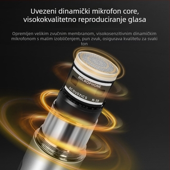 Profesionalni dinamički mikrofon s ugrađenom baterijom za kućnu i KTV upotrebu; kapacitet baterije 800–1000 mAh, trajanje 3–6 h, SNR ≥60 dB, nazivna snaga 30, odabir smjera usmjerenosti