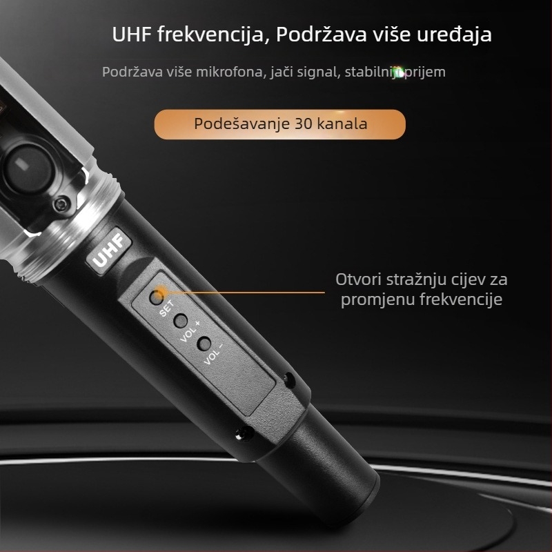 Profesionalni dinamički mikrofon s ugrađenom baterijom za kućnu i KTV upotrebu; kapacitet baterije 800–1000 mAh, trajanje 3–6 h, SNR ≥60 dB, nazivna snaga 30, odabir smjera usmjerenosti
