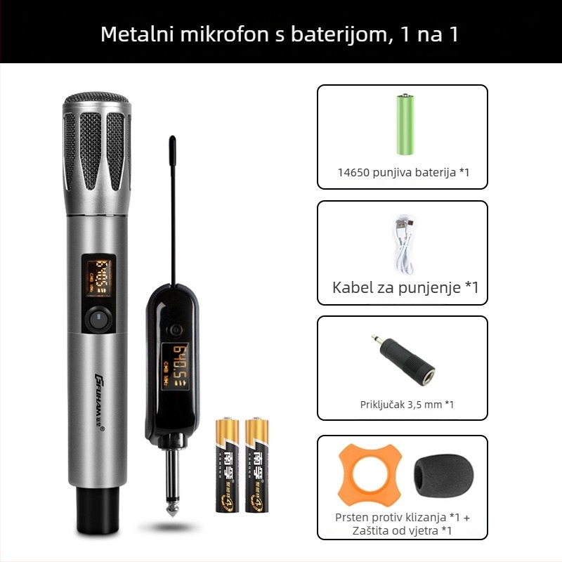 Profesionalni dinamički mikrofon s ugrađenom baterijom za kućnu i KTV upotrebu; kapacitet baterije 800–1000 mAh, trajanje 3–6 h, SNR ≥60 dB, nazivna snaga 30, odabir smjera usmjerenosti