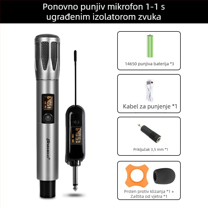 Profesionalni dinamički mikrofon s ugrađenom baterijom za kućnu i KTV upotrebu; kapacitet baterije 800–1000 mAh, trajanje 3–6 h, SNR ≥60 dB, nazivna snaga 30, odabir smjera usmjerenosti