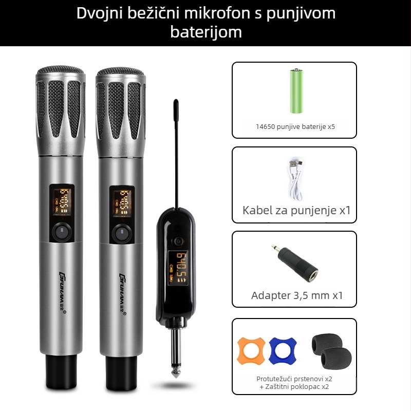 Profesionalni dinamički mikrofon s ugrađenom baterijom za kućnu i KTV upotrebu; kapacitet baterije 800–1000 mAh, trajanje 3–6 h, SNR ≥60 dB, nazivna snaga 30, odabir smjera usmjerenosti