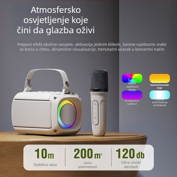 T33 Bluetooth karaoke zvučnik s ugrađenim mikrofonom, Bluetooth 5.0, 5W, 1000–1200 mAh, 40 Hz–20 kHz, trajanje baterije 3–6 h