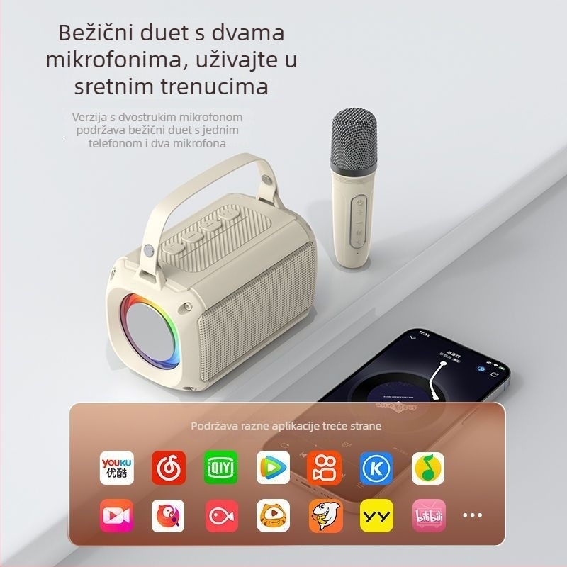 T33 Bluetooth karaoke zvučnik s ugrađenim mikrofonom, Bluetooth 5.0, 5W, 1000–1200 mAh, 40 Hz–20 kHz, trajanje baterije 3–6 h