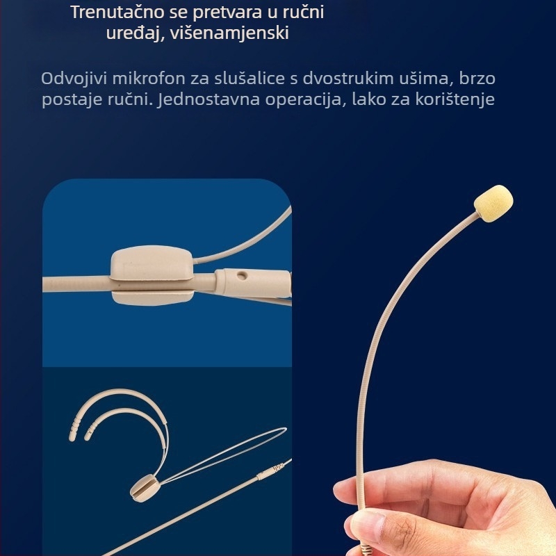 Bežični headset mikrofon sustav s prijemnikom, omnidirekcionalni mikrofon, raspon frekvencija 100 Hz–20 kHz, SNR ≥75 dB, nominalna snaga 20 mW, radni napon 1–9 V
