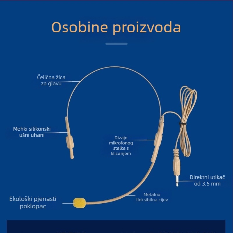 Bežični headset mikrofon sustav s prijemnikom, omnidirekcionalni mikrofon, raspon frekvencija 100 Hz–20 kHz, SNR ≥75 dB, nominalna snaga 20 mW, radni napon 1–9 V