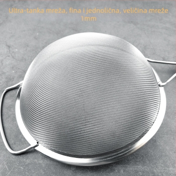 Nehrđavo-čelično cjedilo s plastičnim držačem za ultrafino filtriranje – za sojino mlijeko, sok, brašno i ostatke kineskih biljnih lijekova; protuklizno, otporno na opeklinu; s dvostrukim ili jednostrukim kukicama