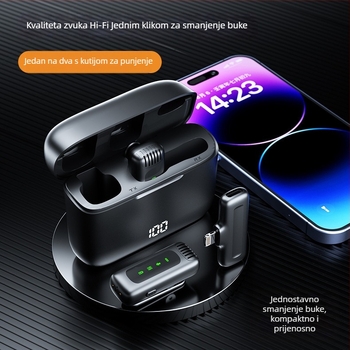 Bežični lavalier mikrofon s kućištem za punjenje i digitalnim zaslonom – Bluetooth 5.0, ugrađena baterija 300–500 mAh, frekvencijski odziv 60 Hz–15 kHz, SNR ≥60 dB, trajanje baterije 3–6 h