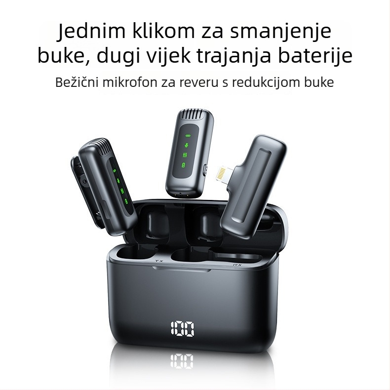 Bežični lavalier mikrofon s kućištem za punjenje i digitalnim zaslonom – Bluetooth 5.0, ugrađena baterija 300–500 mAh, frekvencijski odziv 60 Hz–15 kHz, SNR ≥60 dB, trajanje baterije 3–6 h