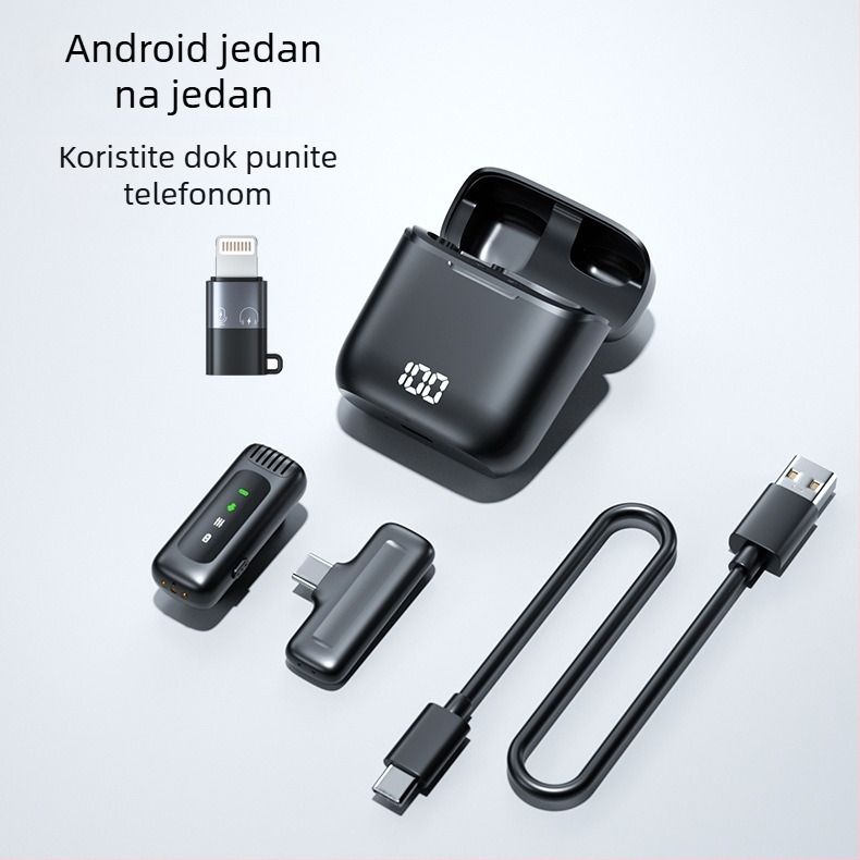 Bežični lavalier mikrofon s kućištem za punjenje i digitalnim zaslonom – Bluetooth 5.0, ugrađena baterija 300–500 mAh, frekvencijski odziv 60 Hz–15 kHz, SNR ≥60 dB, trajanje baterije 3–6 h