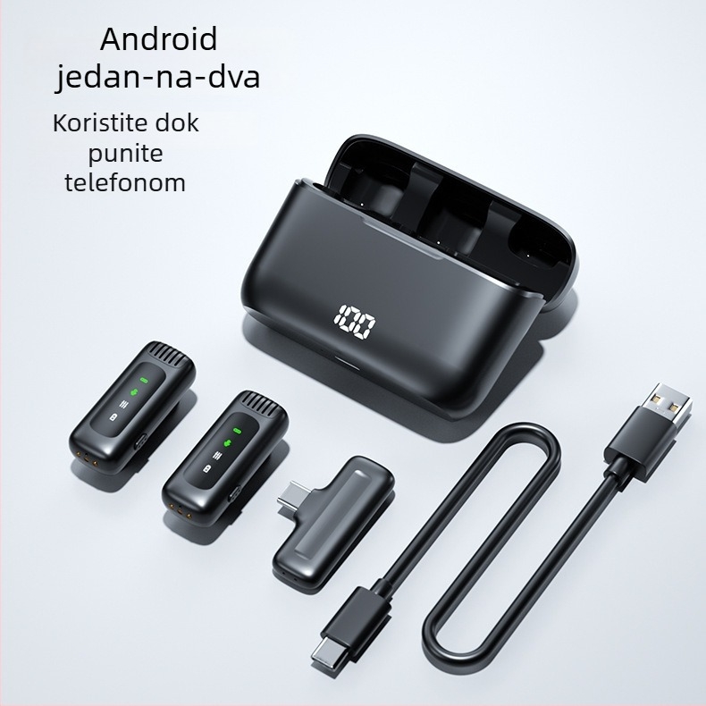 Bežični lavalier mikrofon s kućištem za punjenje i digitalnim zaslonom – Bluetooth 5.0, ugrađena baterija 300–500 mAh, frekvencijski odziv 60 Hz–15 kHz, SNR ≥60 dB, trajanje baterije 3–6 h