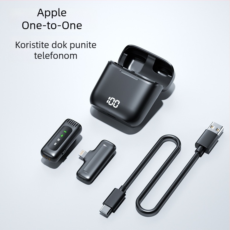 Bežični lavalier mikrofon s kućištem za punjenje i digitalnim zaslonom – Bluetooth 5.0, ugrađena baterija 300–500 mAh, frekvencijski odziv 60 Hz–15 kHz, SNR ≥60 dB, trajanje baterije 3–6 h