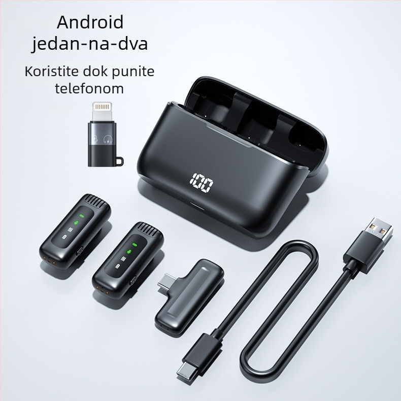Bežični lavalier mikrofon s kućištem za punjenje i digitalnim zaslonom – Bluetooth 5.0, ugrađena baterija 300–500 mAh, frekvencijski odziv 60 Hz–15 kHz, SNR ≥60 dB, trajanje baterije 3–6 h