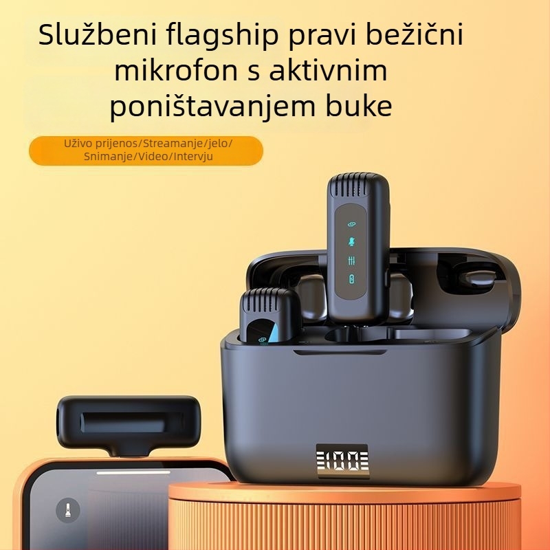 Bežični lavalier mikrofon s kućištem za punjenje i digitalnim zaslonom – Bluetooth 5.0, ugrađena baterija 300–500 mAh, frekvencijski odziv 60 Hz–15 kHz, SNR ≥60 dB, trajanje baterije 3–6 h
