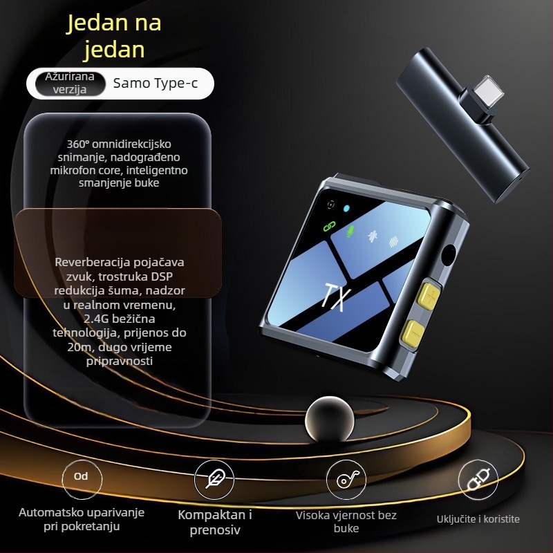 Bežični Lavalier mikrofon za vanjske prijenose uživo – tri u jednom, snimanje zvuka uz redukciju šuma, omnidirakcijski, Bluetooth 5.2, 20Hz–20kHz, SNR ≥60 dB, trajanje baterije 8-12 sati