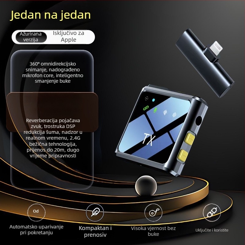 Bežični Lavalier mikrofon za vanjske prijenose uživo – tri u jednom, snimanje zvuka uz redukciju šuma, omnidirakcijski, Bluetooth 5.2, 20Hz–20kHz, SNR ≥60 dB, trajanje baterije 8-12 sati