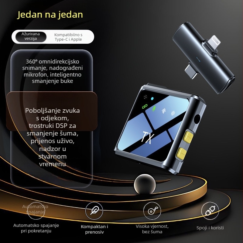 Bežični Lavalier mikrofon za vanjske prijenose uživo – tri u jednom, snimanje zvuka uz redukciju šuma, omnidirakcijski, Bluetooth 5.2, 20Hz–20kHz, SNR ≥60 dB, trajanje baterije 8-12 sati