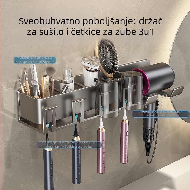 Držač za četkicu za zube bez bušenja – kupaonski organizator za čaše i sušilo za kosu, aluminij, nosivost 10 kg, 1 sloj, model 92019