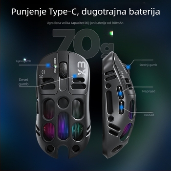 Thunder Wolf X3 gaming miš — tri načina povezivanja (2.4G + Bluetooth), ergonomski, 12000 DPI, 6 tipki