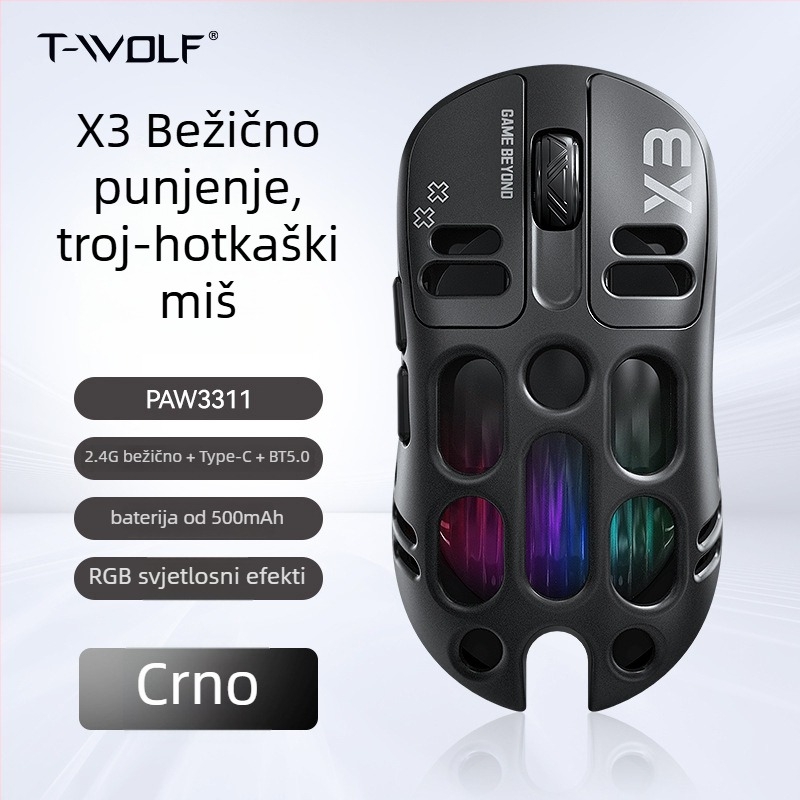 Thunder Wolf X3 gaming miš — tri načina povezivanja (2.4G + Bluetooth), ergonomski, 12000 DPI, 6 tipki
