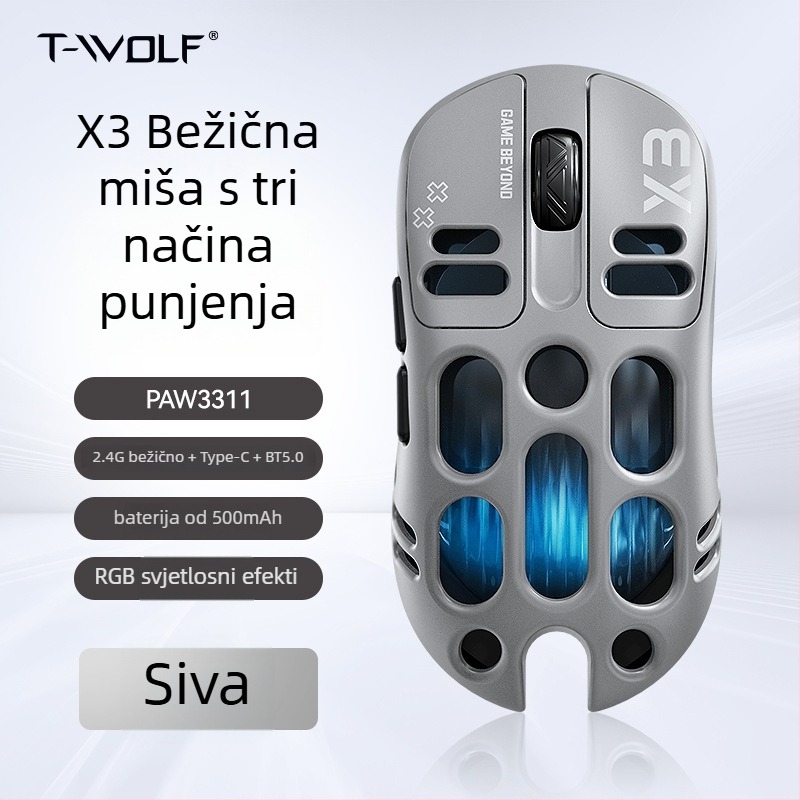 Thunder Wolf X3 gaming miš — tri načina povezivanja (2.4G + Bluetooth), ergonomski, 12000 DPI, 6 tipki