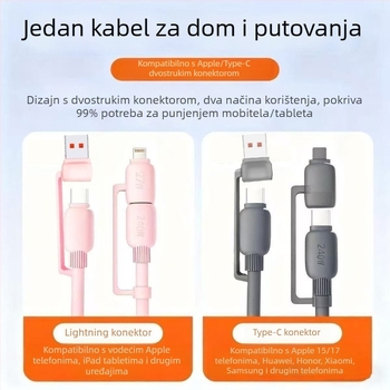 4-u-1 kabel za brzo punjenje i prijenos podataka: Lightning, USB 3.0 i Type-C – 120W, QC kompatibilan
