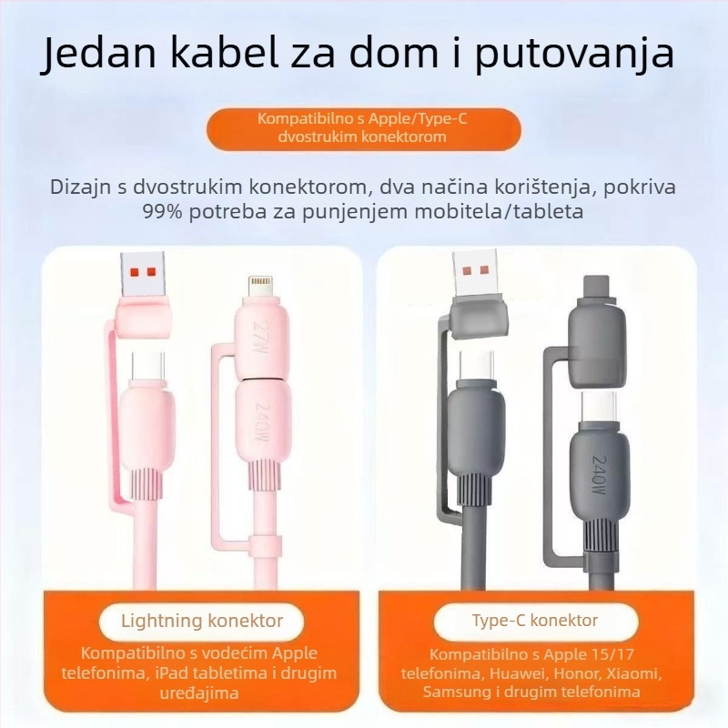 4-u-1 kabel za brzo punjenje i prijenos podataka: Lightning, USB 3.0 i Type-C – 120W, QC kompatibilan