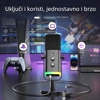 Gaming mikrofon s dinamičkim smanjenjem šuma i RGB, bežični, ugrađena baterija 1200-2000 mAh, trajanje baterije 8-12 h, način snimanja: srcolik i superkardioidan, SNR ≥ 100 dB