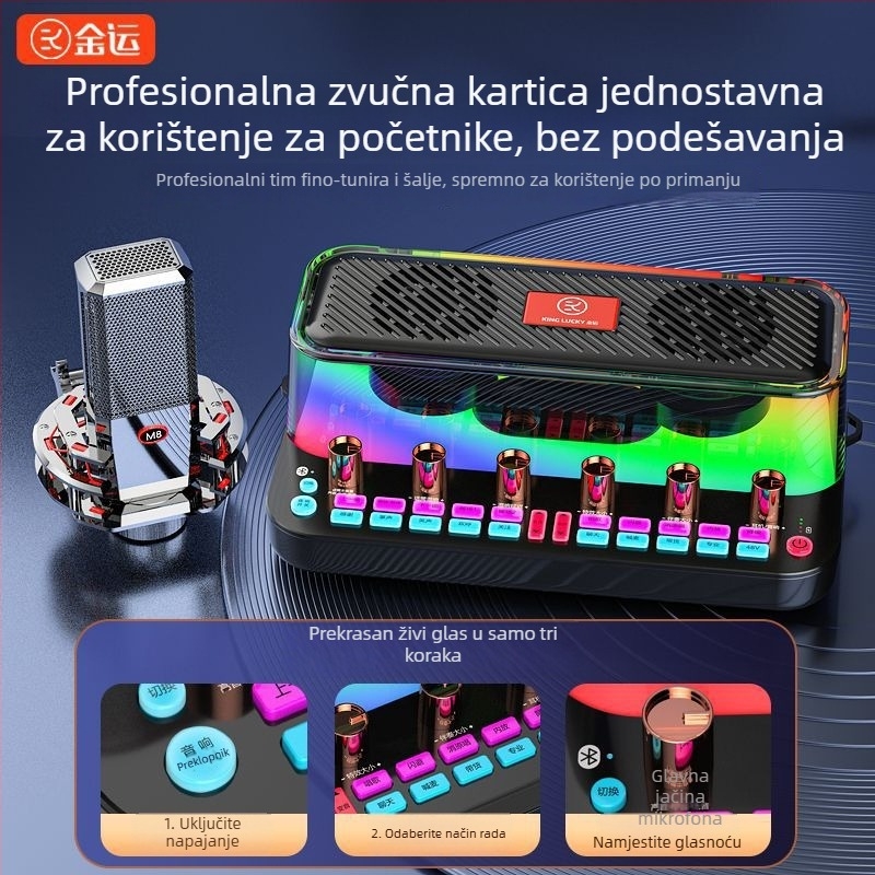 Integrirani audio interfejs s ugrađenim zvučnicima za mobitele i PC, Bluetooth 5.3, 2-kanalni, 100 Hz–20 kHz, SNR ≥95 dB, 10 W.