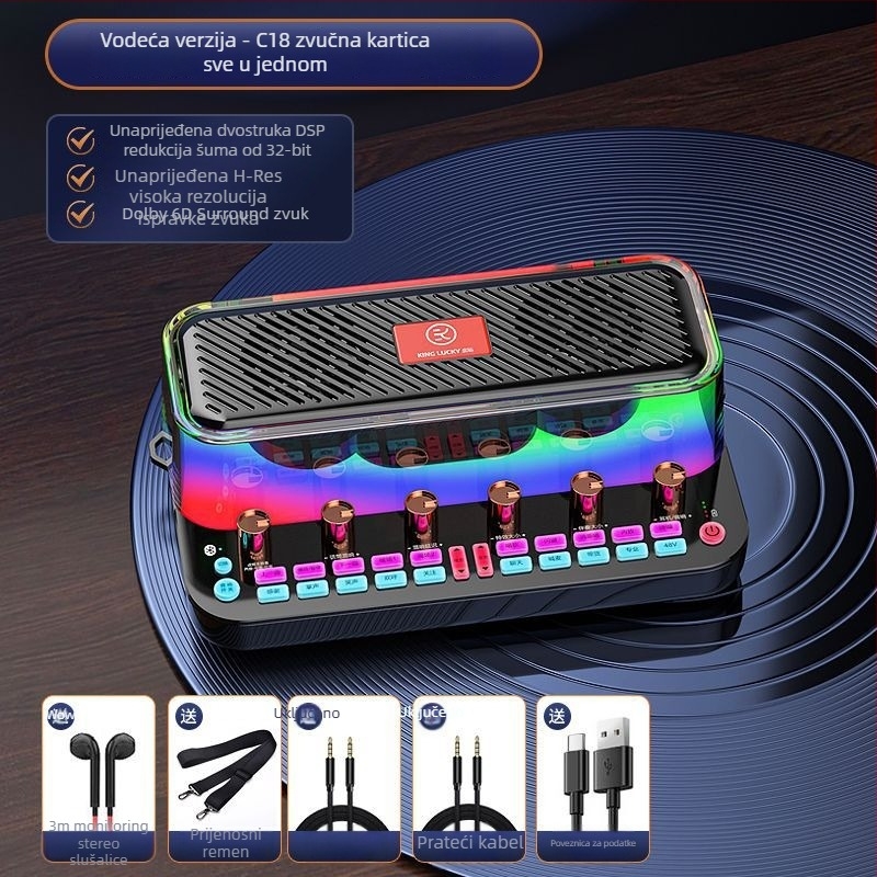 Integrirani audio interfejs s ugrađenim zvučnicima za mobitele i PC, Bluetooth 5.3, 2-kanalni, 100 Hz–20 kHz, SNR ≥95 dB, 10 W.