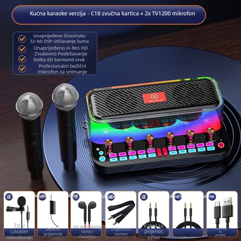 Integrirani audio interfejs s ugrađenim zvučnicima za mobitele i PC, Bluetooth 5.3, 2-kanalni, 100 Hz–20 kHz, SNR ≥95 dB, 10 W.