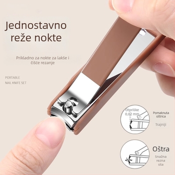Set alata za njegu noktiju s protiv prskanja, ravno nagnute oštrice, prijenosna futrola; konstrukcija od stakla, nehrđajućeg čelika i karbonskog čelika; neto težina 144 g