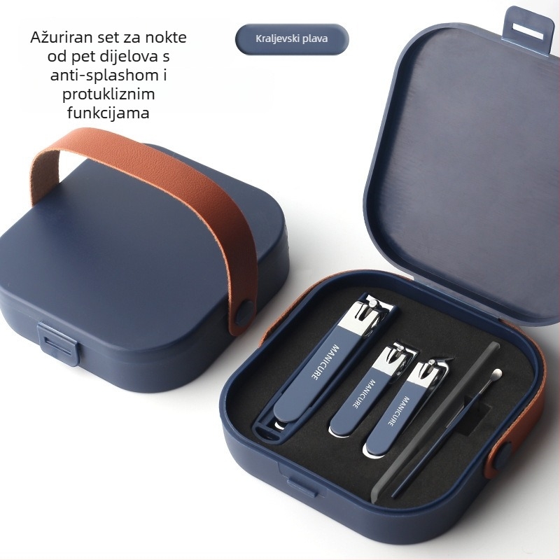 Set alata za njegu noktiju s protiv prskanja, ravno nagnute oštrice, prijenosna futrola; konstrukcija od stakla, nehrđajućeg čelika i karbonskog čelika; neto težina 144 g