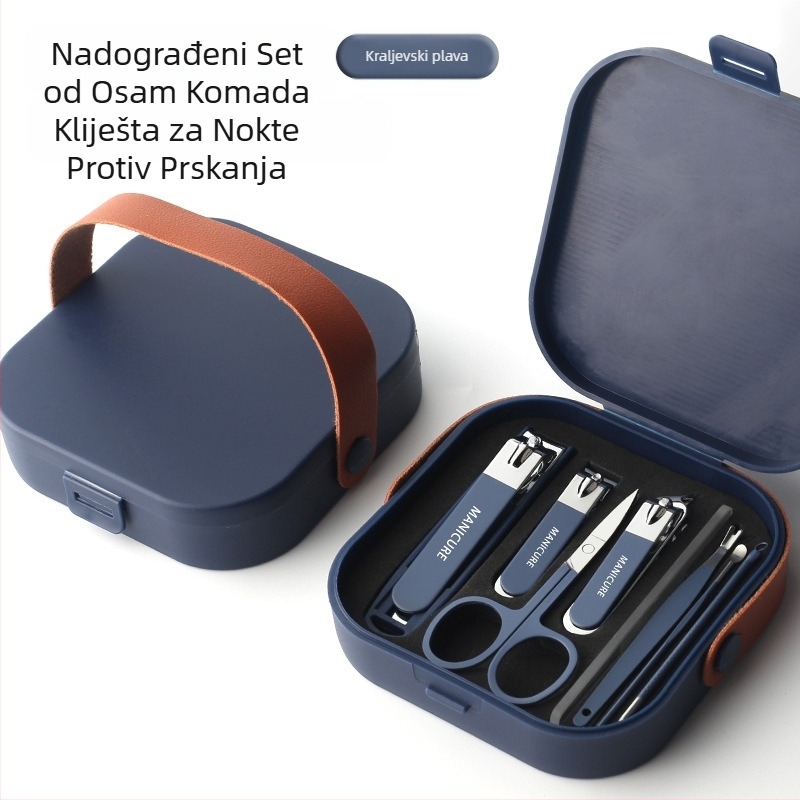 Set alata za njegu noktiju s protiv prskanja, ravno nagnute oštrice, prijenosna futrola; konstrukcija od stakla, nehrđajućeg čelika i karbonskog čelika; neto težina 144 g