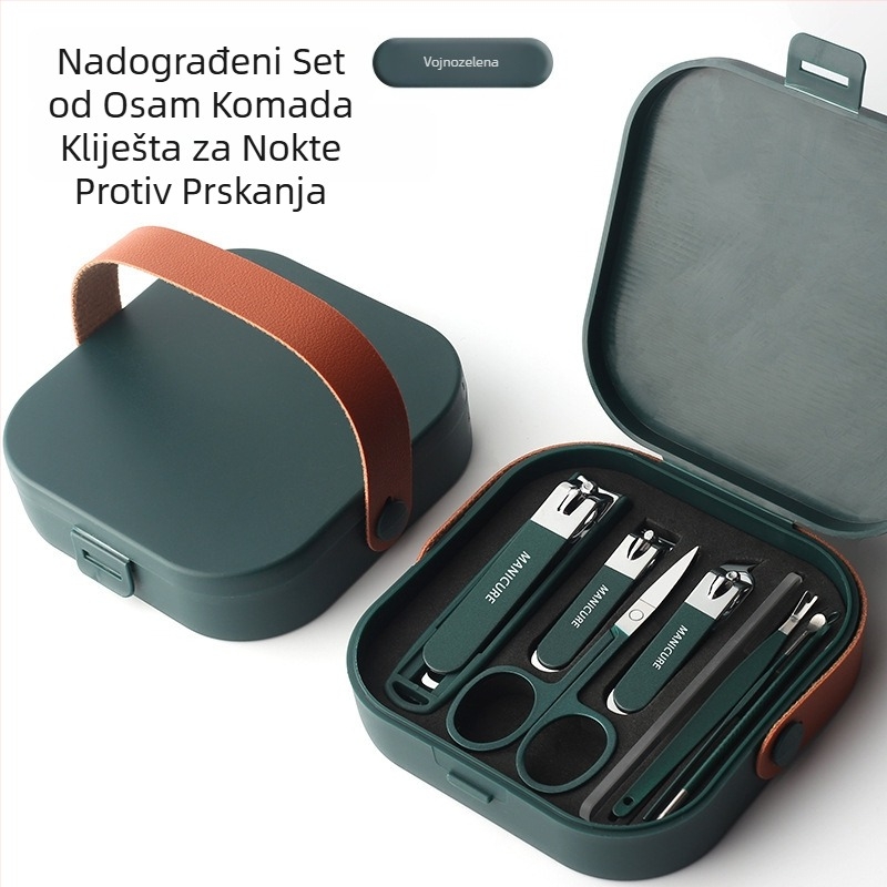 Set alata za njegu noktiju s protiv prskanja, ravno nagnute oštrice, prijenosna futrola; konstrukcija od stakla, nehrđajućeg čelika i karbonskog čelika; neto težina 144 g