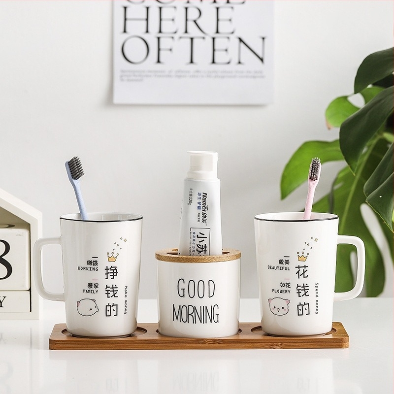 Par keramičkih čašica za četkice za zube s korejskim karikaturnim dizajnom (keramički; par; bez logotipa)