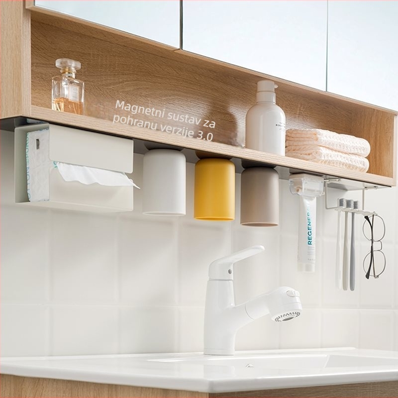 Ogledna škrinja s sistemom za iztiskanje zobne paste, odvojivi držač za lice i ručnik, spremnik za električnu četkicu, magnetska kutija za kupaonicu