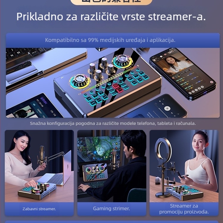NX6 Komplet zvučne kartice za livestream s kardioidnim mikrofonom, 2-kanalni, SNR ≥70 dB, bez baterije, podržava bežičnu povezanost